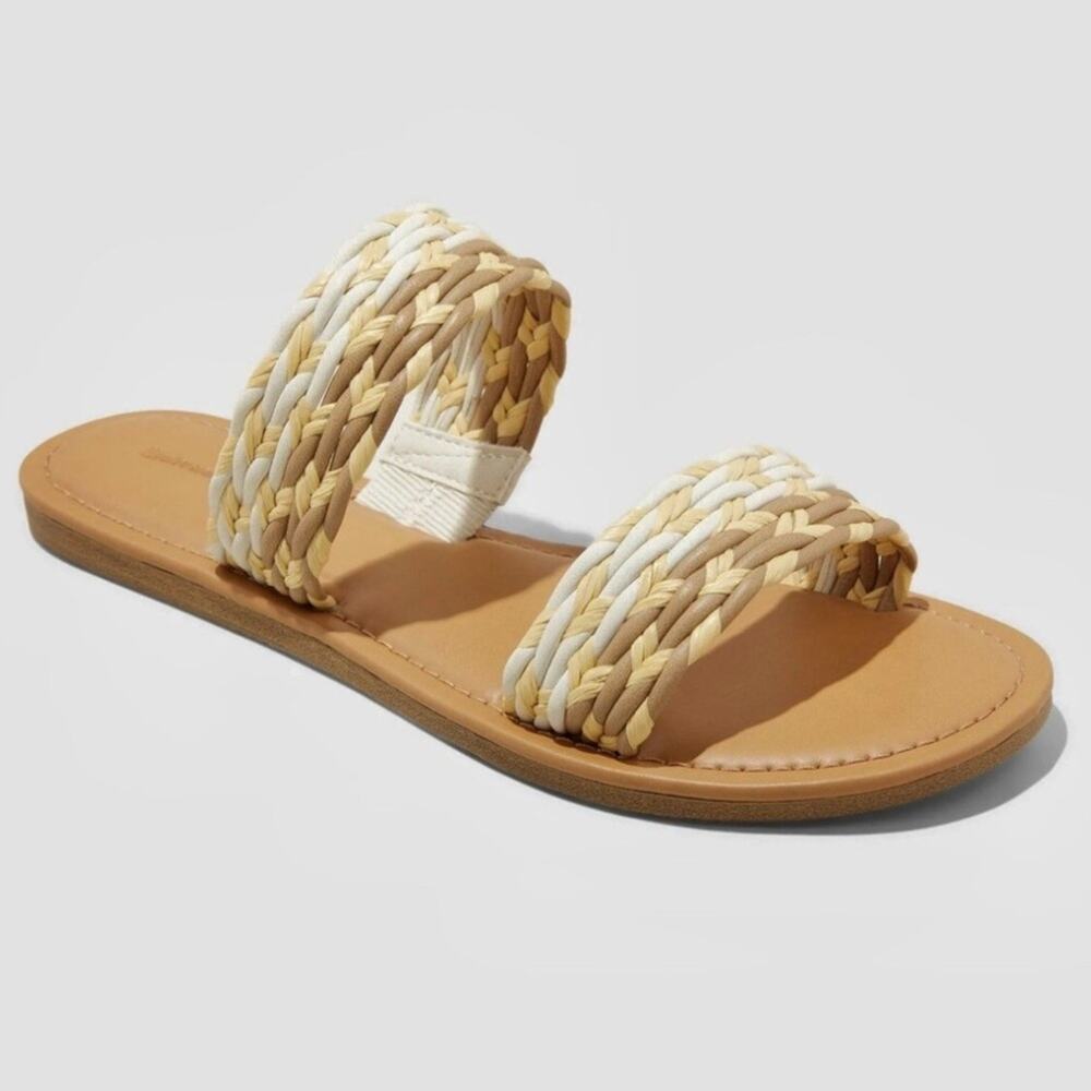 NEW!! Universal Threads Sandals, Anita Basketweave Two Band Slide, Tan/White, 9